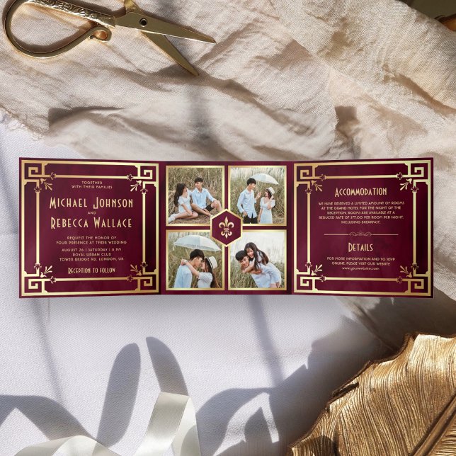 Invitation Trois Volets Burgundy Gold Art Déco Photo Collage Mariage (Créateur téléchargé)