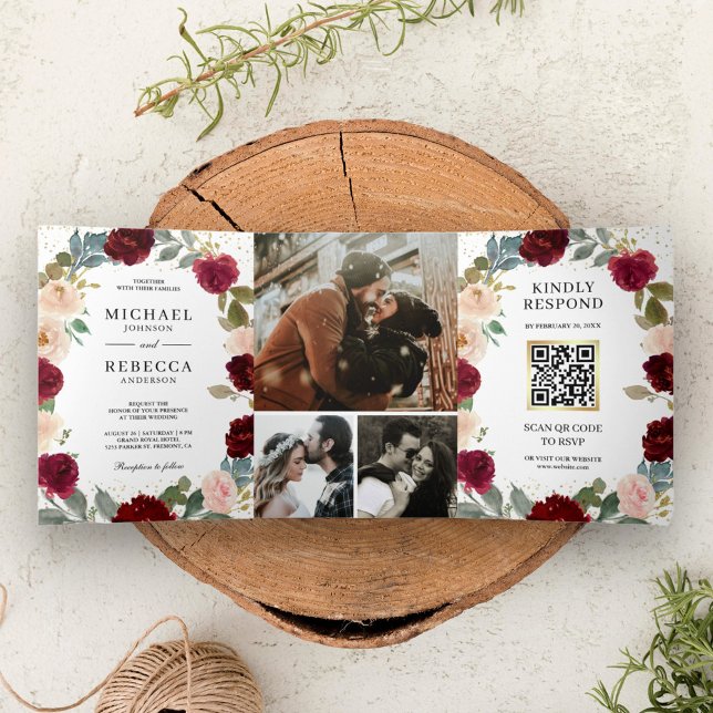 Invitation Trois Volets Burgundy Pêcher Floral tout en un QR Code Mariage (Créateur téléchargé)