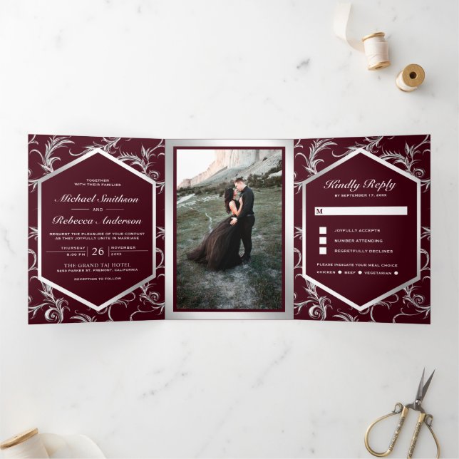 Invitation Trois Volets Burgundy Silver Flourish Swirl Wedding Photo (Intérieur)