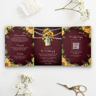 Invitation Trois Volets Burgundy Sunflowers Mason Jar QR Code Mariage