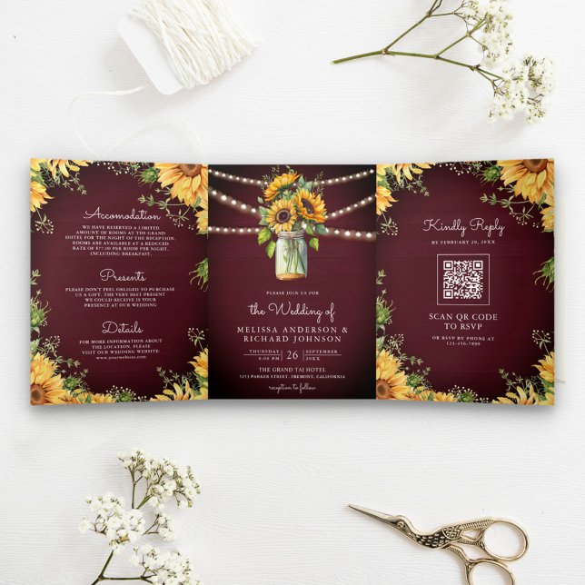 Invitation Trois Volets Burgundy Sunflowers Mason Jar QR Code Mariage (Créateur téléchargé)