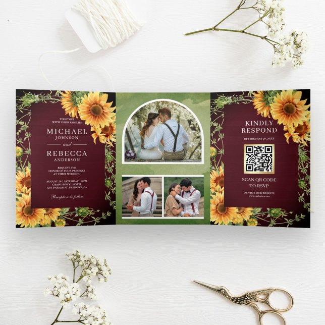 Invitation Trois Volets Burgundy Wood Sunflower Photo Arch QR Code Mariage (Créateur téléchargé)