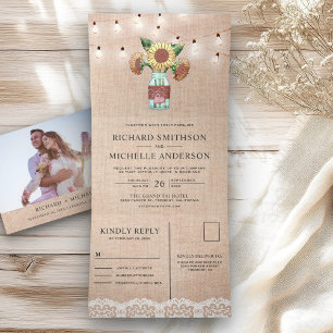 Invitation Trois Volets Burlap Sunflower Mason Jar String Mariage