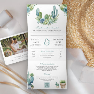 Invitation Trois Volets Cactus de verdure Succulent Photo Code QR Mariage