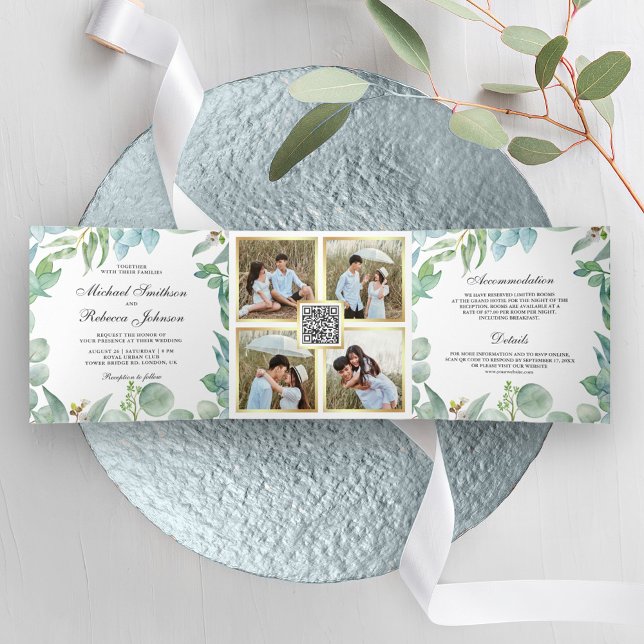 Invitation Trois Volets Cadre au eucalyptus carré code QR mariage (Créateur téléchargé)