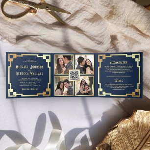 Invitation Trois Volets Cadre carré Art déco marine or Code QR Mariage