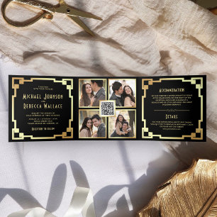 Invitation Trois Volets Cadre carré Art déco noir or Code QR Mariage