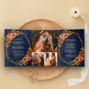 Invitation Trois Volets Cadre de mariage floral bleu marine rustique orang