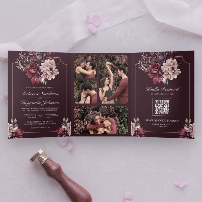 Invitation Trois Volets Cadre Floral Code QR Mariage Prune Foncé Mélancoli (Créateur téléchargé)