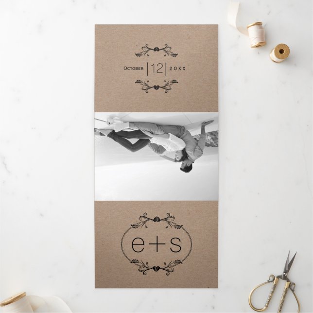 Invitation Trois Volets Cadre noir, initiales monogramme mariage papier kr (Extérieur)