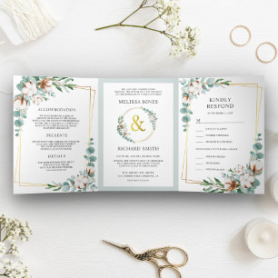 Invitation Trois Volets Cadre Or Eucalyptus Coton tout en un Mariage