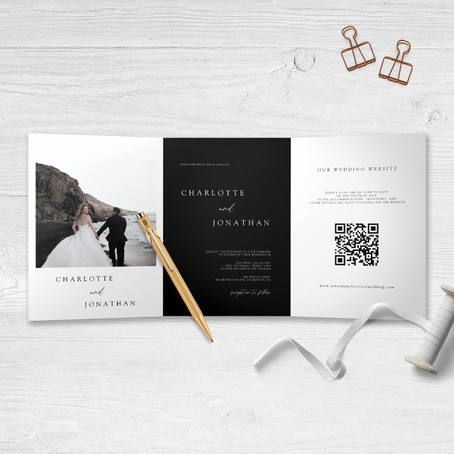 Invitation Trois Volets Calligraphie moderne tout en un Mariage noir (Créateur téléchargé)