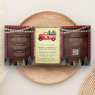 Invitation Trois Volets Camion de Noël Rouge Vintage Code QR Mariage Bois