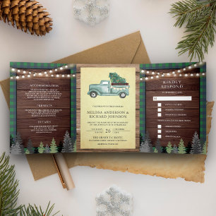 Invitation Trois Volets Camion de Noël vert vintage en bois rustique pour