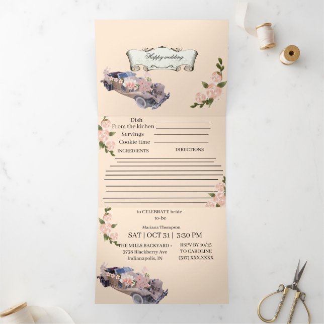 Invitation Trois Volets Car wedding Navy Floral Bridal Shower &Recipe All  (Intérieur)