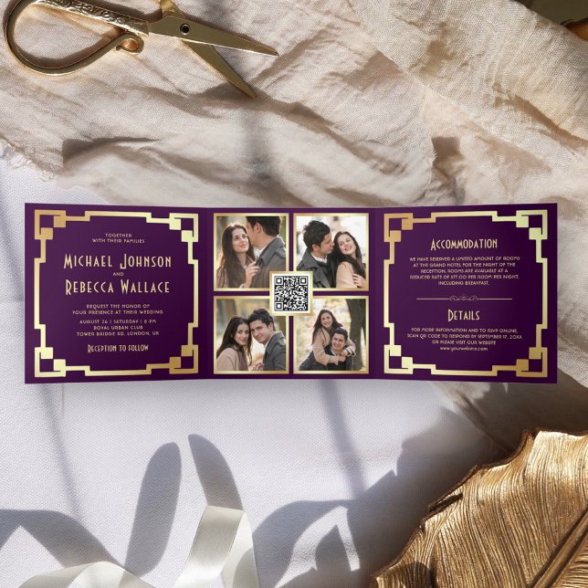 Invitation Trois Volets Carré Art Déco Cadre Purple Gold QR Code Mariage (Créateur téléchargé)
