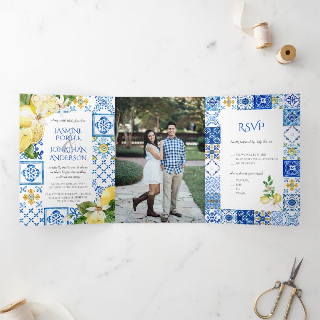 Invitation Trois Volets Carreaux bleu méditerranéen / Mariage citrons jaun (Intérieur)