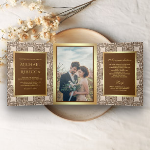 Invitation Trois Volets Carreaux Brown Motif Faux Gold Foil Mariage photo