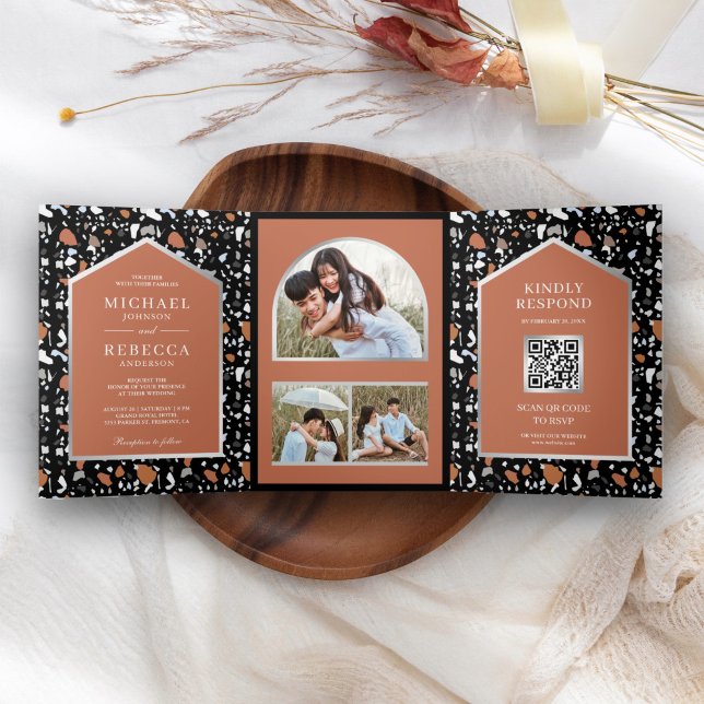 Invitation Trois Volets Carrelage Terrazzo Noir Code QR Mariage Terracotta (Créateur téléchargé)