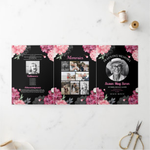 Invitation Trois Volets Célébration de la nécrologie Vie Photo Pink Floral