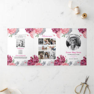 Invitation Trois Volets Célébration de la nécrologie Vie Photo Rose Floral
