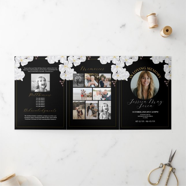 Invitation Trois Volets Célébration de la vie Fleurs de photos blanc (Extérieur)