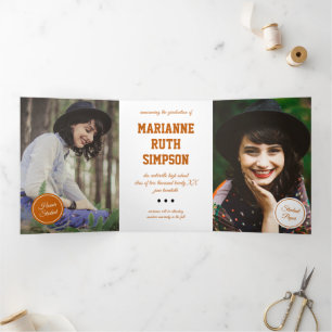 Invitation Trois Volets Cercles orange brûlés 5-Photo Graduation