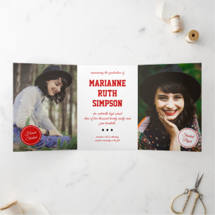 Invitation Trois Volets Cercles rouges 5-Photo Graduation