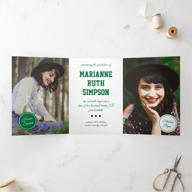 Invitation Trois Volets Cercles verts 5-Photo Graduation (Intérieur)