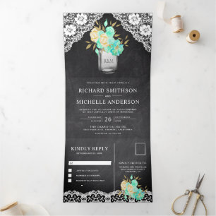 Invitation Trois Volets Chalkboard Mint Floral Mason Jar Lace Mariage