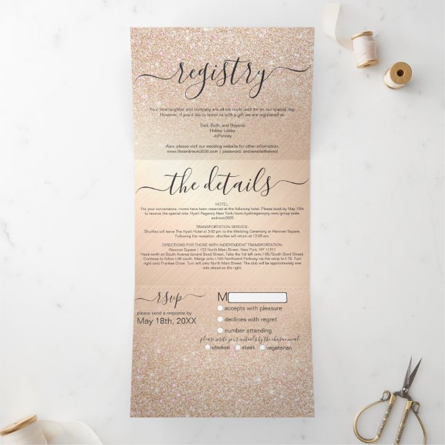 Invitation Trois Volets Champagne Gold Parties scintillant Metal Registry  (Intérieur)