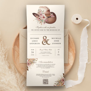 Invitation Trois Volets Chapeau Floral de Cowboy Occidental Rustique Code