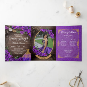 Invitation Trois Volets Charro Purple Roses Pays Ajouter Photo Quinceañera