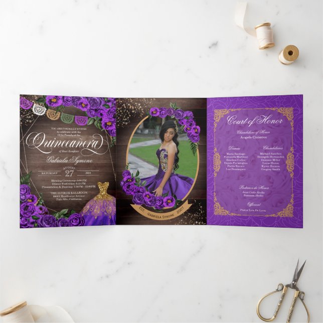 Invitation Trois Volets Charro Purple Roses Pays Ajouter Photo Quinceañera (Intérieur)