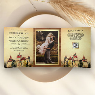 Invitation Trois Volets Château de Conte de Fées Code QR Mariage