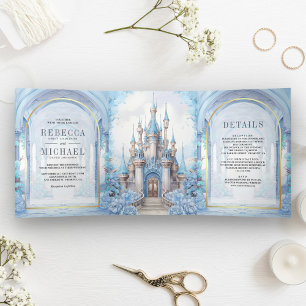 Invitation Trois Volets Château de conte de fées floral bleu tout-en-un ma