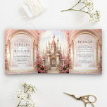 Invitation Trois Volets Château de conte rose Floral en un seul Mariage<br><div class="desc">Impressionnez vos invités avec cette belle invitation de mariage à thème conte de fées avec un magnifique château et des arches majestueuses avec typographie moderne. Ajoutez simplement les détails de votre événement sur ce modèle facile à utiliser et ornez cette carte avec votre photo préférée pour en faire une invitation...</div>