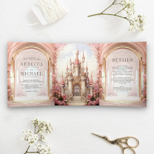 Invitation Trois Volets Château de conte rose Floral en un seul Mariage