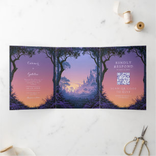 Invitation Trois Volets Château de Fantaisie à l'Arche Violette Ornée Mari
