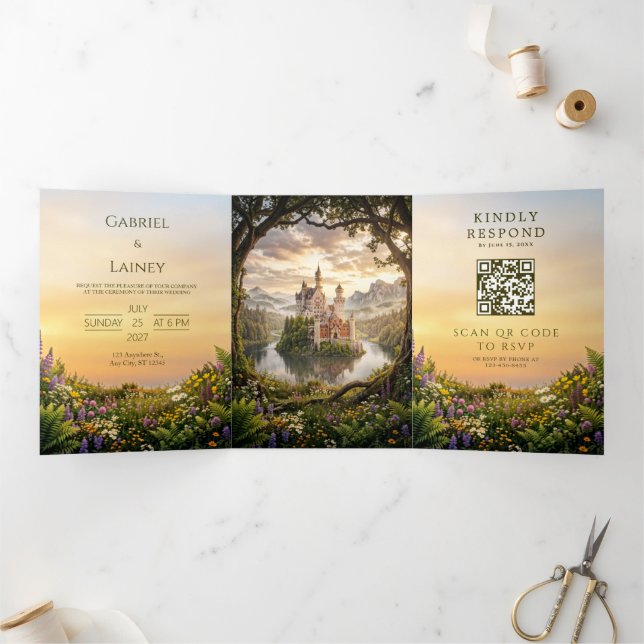 Invitation Trois Volets Château de Mariage de Conte de Fées de l'Île Brume (Intérieur)