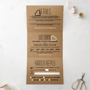 Invitation Trois Volets Chic Heart, Kraft Effet Mariage Suite
