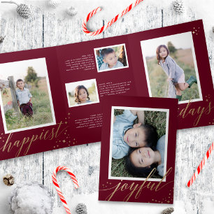 Invitation Trois Volets Chic Stardust or Trifold Maroon Photo de Noël