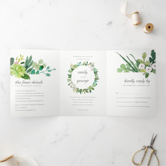 INVITATION TROIS VOLETS CHIC SUCCULENT WREATE FOLIAGE MARIAGE D'EAU COULEU (Intérieur)
