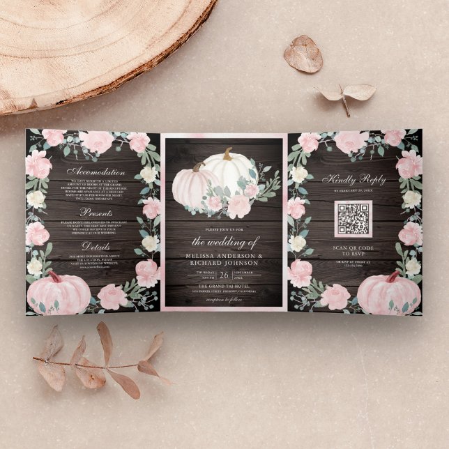 Invitation Trois Volets Citrouille floral rose pâle QR Code Mariage bois (Créateur téléchargé)