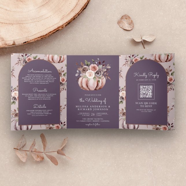 Invitation Trois Volets Citrouille neutre Floral QR Code Pale Purple Maria (Créateur téléchargé)
