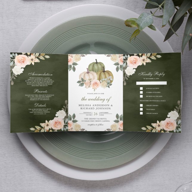 Invitation Trois Volets Citrouille vert foncé à fourche Mariage floral (Créateur téléchargé)