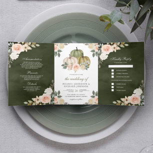 Invitation Trois Volets Citrouille vert foncé à fourche Mariage floral