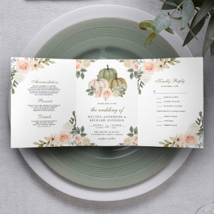 Invitation Trois Volets Citrouille Vert Sauge et Mariage Floral Pêche Étei