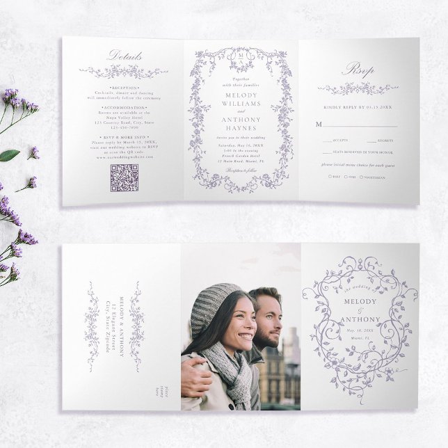 Invitation Trois Volets Classic French Victorian Lavender Floral Wedding (Inside & Outside)