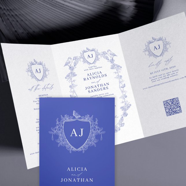 Invitation Trois Volets Classic royal blue French floral QR code wedding (Créateur téléchargé)